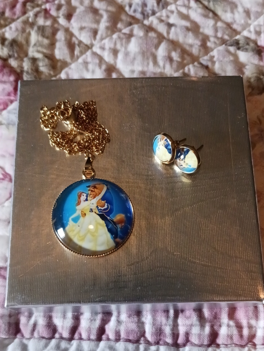 Gold-Tone Beauty & The Beast Pendant Necklace and Stud Earrings - Blue